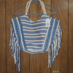 Time & Tru Oversized  Woven Tote Bag with Rope Handles and striped fringe.